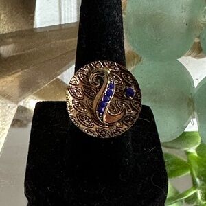 Vtg. Cobalt Glass and Brass Ring- W. Germany